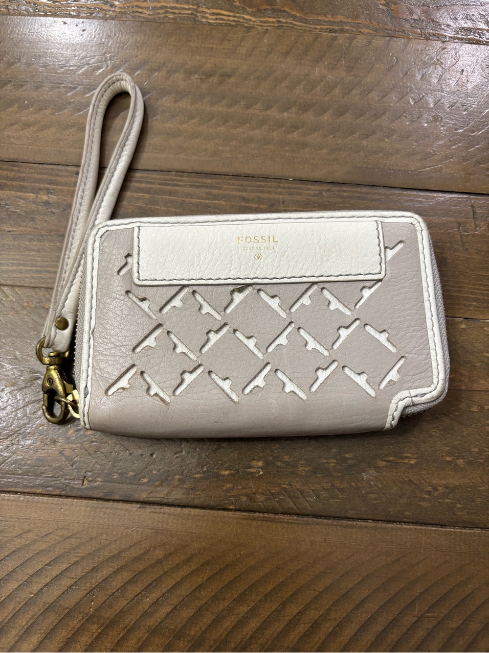 Fossil Leather Zip Around Wallet in Light Taupe and White